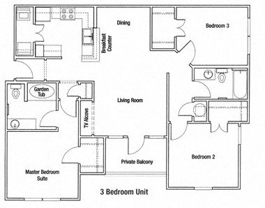 Floor plan for 3 beds, 2 baths, 1215 sqft